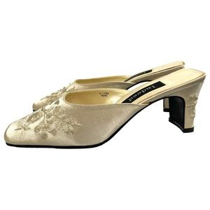 Indeed Womens Satin Floral Embroidered Backless Heel Sandals